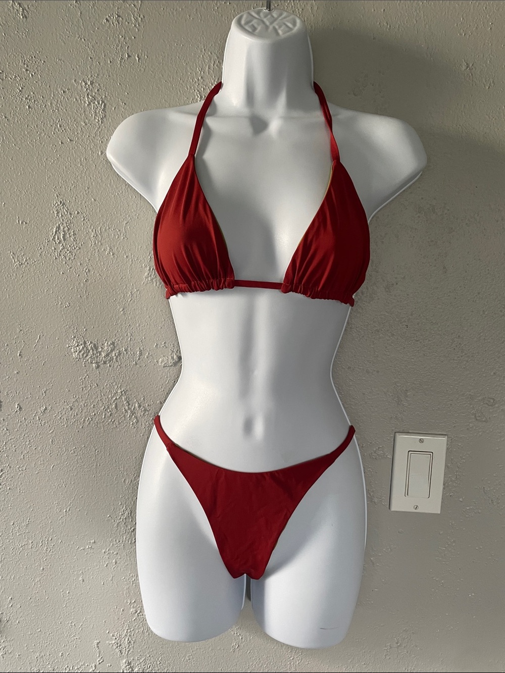Red Triangle String Bikini Top and Bottom Set - Women Swim (TWO SIDE COLOR)